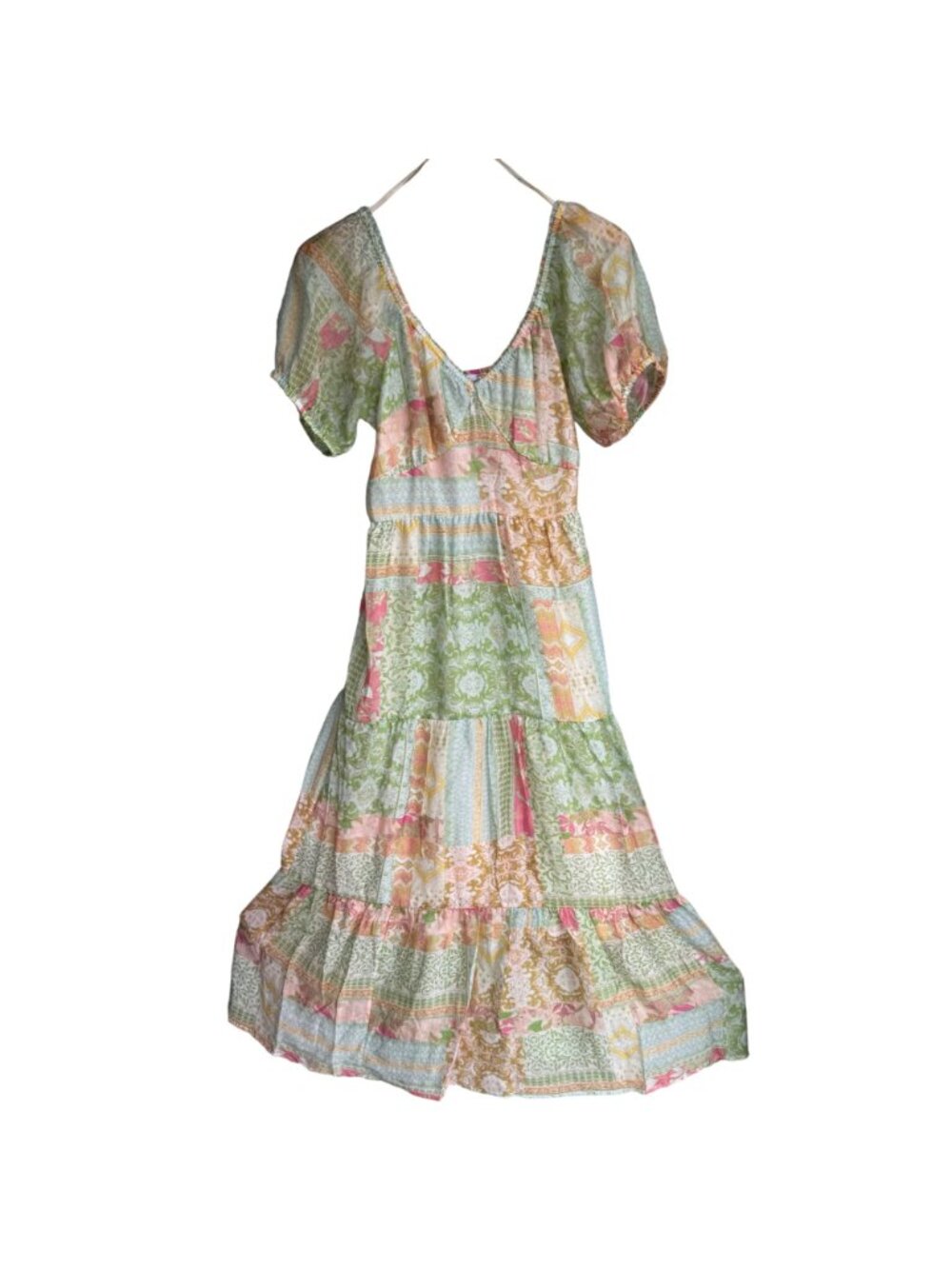 Jessica Simpson Boho Tiered Maxi Dress Sz S Misty Rose Patchwork Cottagecore New - Picture 2 of 15